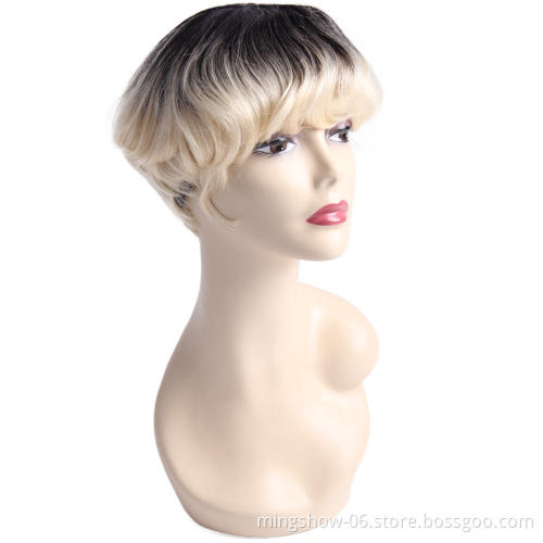 Heat resistant synthetic lace front wig, invisible synthetic hair wig short
